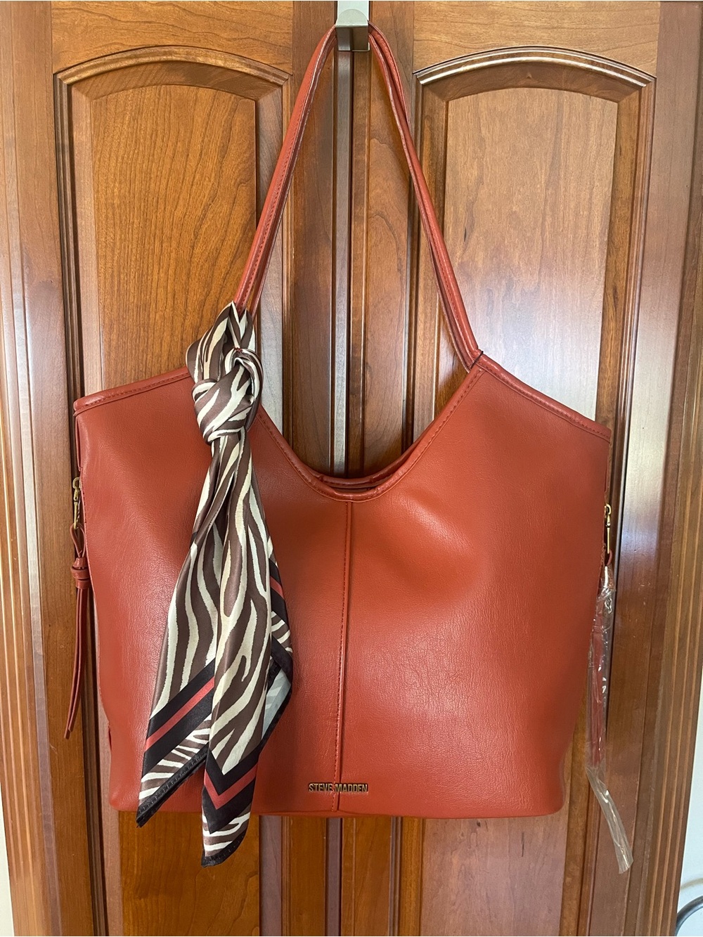 Steve Madden Rust-Red Shoulder Tote with Zebra-Print Scarf